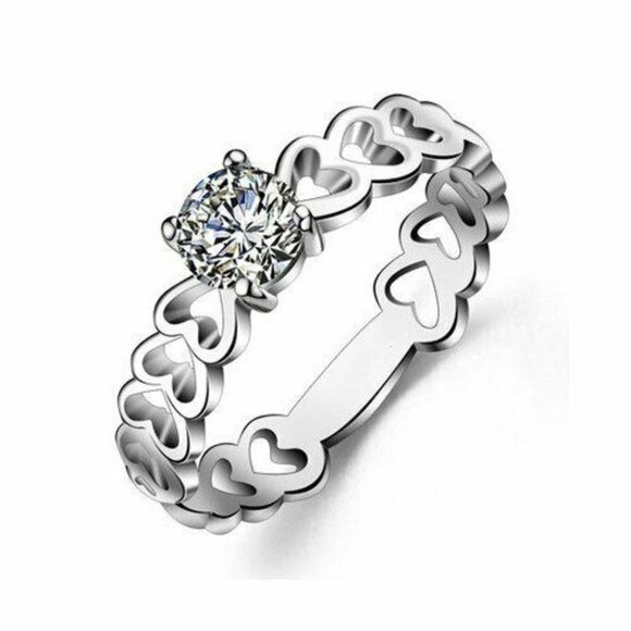 🔥Lovely Anillos Hollow Heart Round Cut Moissanite Eternity Ring for Women, K770 - Picture 1 of 10